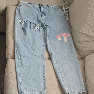 PrettyLittle❣️Thing Light Blue Boyfriend Jeans with Mushroom Print